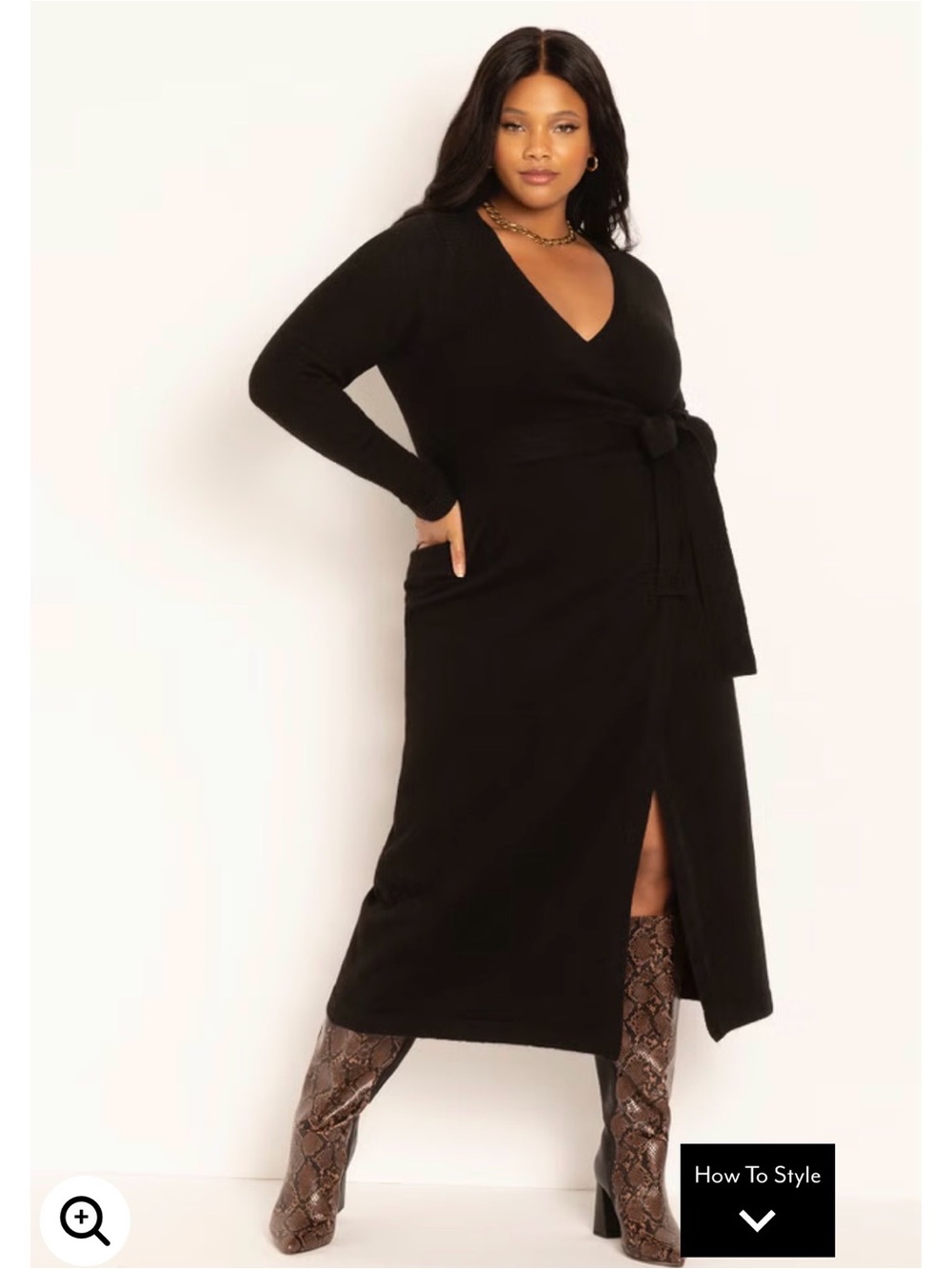 Eloquii Black Wrap Midi Dress with Self-Tie Waist